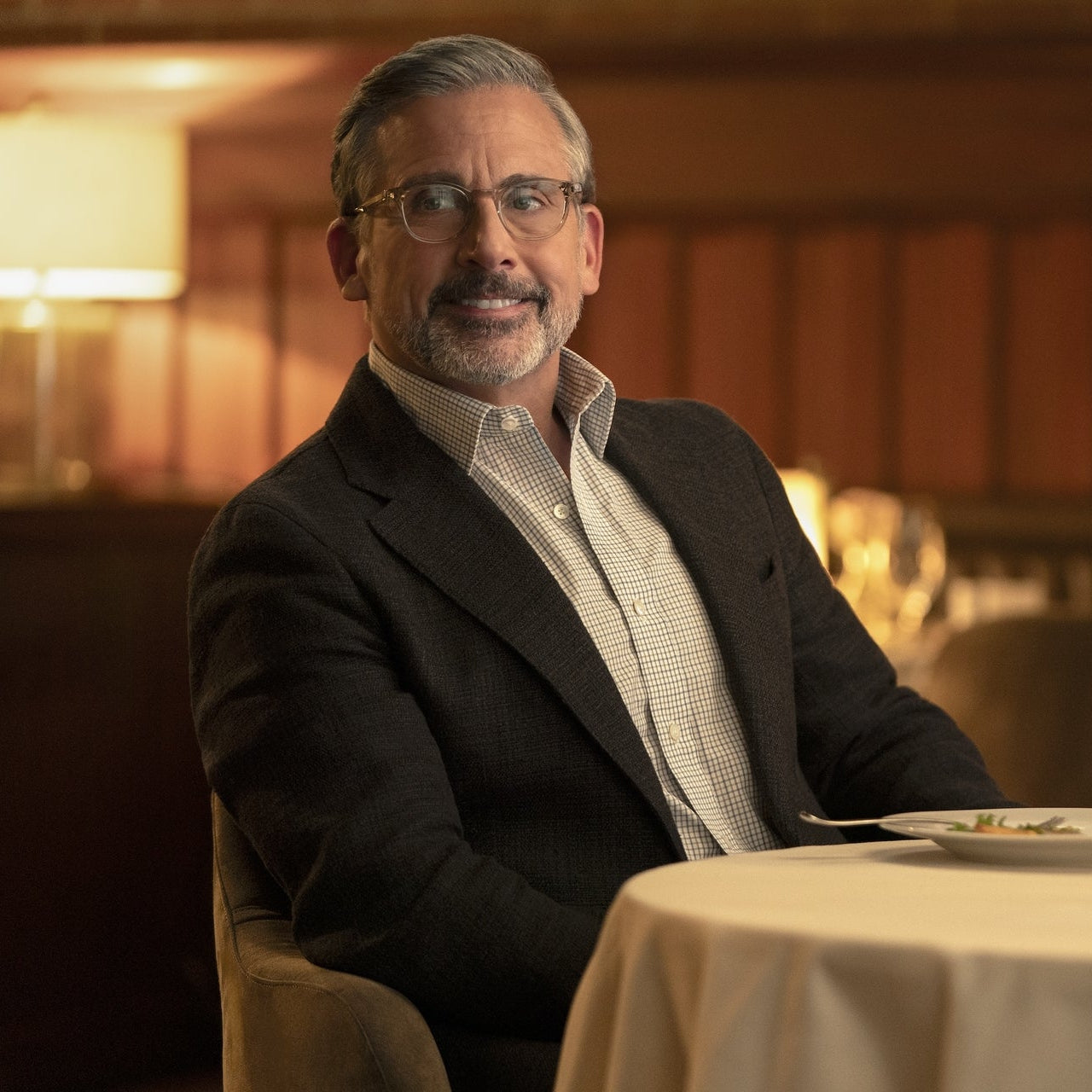 Steve Carell in Rooster wearing the Garrett Leight Evan in Champaign. 